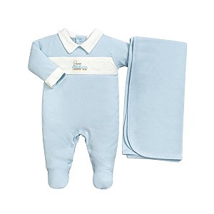 Kit Macacão Longo e Manta Suedine Trenzinho Azul