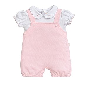 Macacão Curto Bordado Malha Tricot Flores Rosa