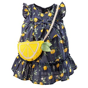 Vestido Manga Curta com Bolsa Maquinetado Azul Marinho