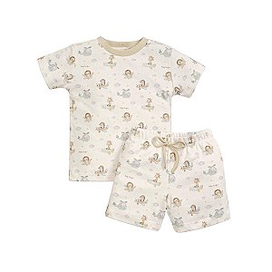 Pijama Curto Estampado Malha Aveludada Avião Bege