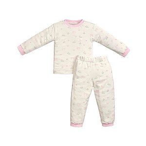 Pijama Longo Estampado Malha Aveludada Coração Rosa