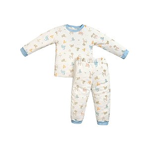Pijama Longo Estampado Malha Aveludada Dinossauro Azul