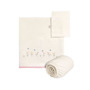 Jogo Lençol Berço 3 Peças Bordado Flores Rosê