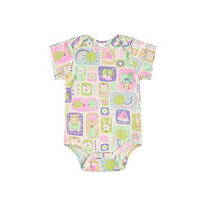 Body Manga Curta Suedine Animais e Frutas Off White