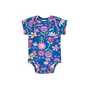 Body Manga Curta Suedine Floral Azul