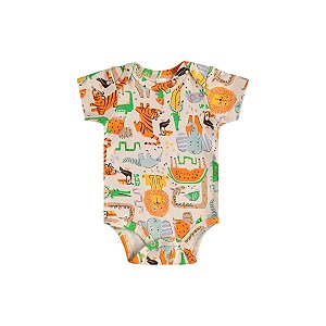 Body Manga Curta Suedine Animais Bege