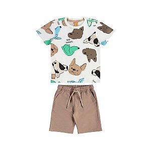 Conjunto Camiseta Malha Cachorros Branca e Bermuda Moletom