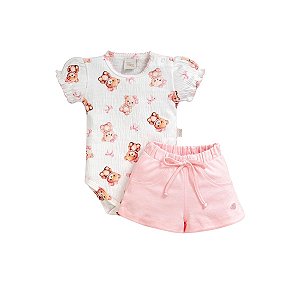 Conjunto Body Estampado Shorts Ursinho Rosa