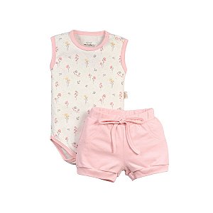 Conjunto Body Regata Estampado e Short Suedine Flores Rosa