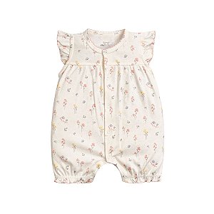 Macacão Curto Estampado Malha Aveludado Flores Off White