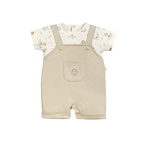 Macacão Curto Jardineira Suedine Bordado Aviãozinho Bege