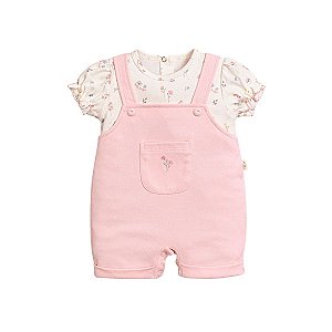 Macacão Curto Jardineira Suedine Bordado Flores Rosa