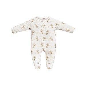 Macacão Longo Zíper Estampado Ursinho Bege