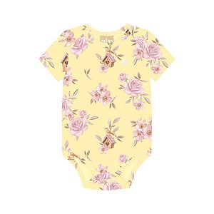 Body Manga Curta Cotton Floral Amarelo