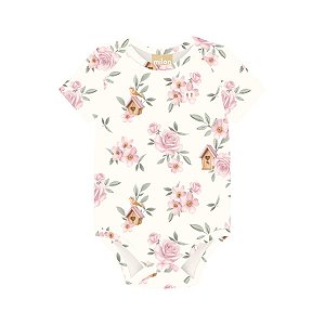 Body Manga Curta Cotton Floral Off White