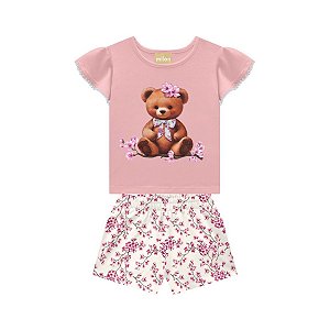 Conjunto Blusa Cotton Urso Rosê e Short Moletom