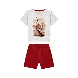 Conjunto Camiseta Meia Malha Cinza Mescla e Bermuda Moletom