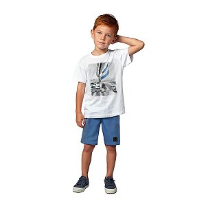 Conjunto Camiseta Meia Malha Flamê Branco e Bermuda Moletom