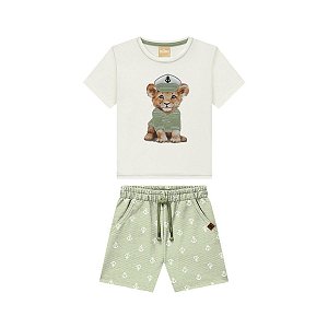 Conjunto Camiseta Meia Malha Off White e Bermuda Moletom