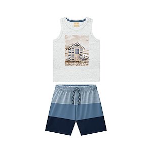 Conjunto Regata Meia Malha Off White e Bermuda Listrada Azul