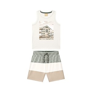 Conjunto Regata Meia Malha Off White e Bermuda Listrada Bege