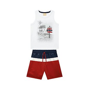 Conjunto Regata Meia Malha Branco e Bermuda Microfibra