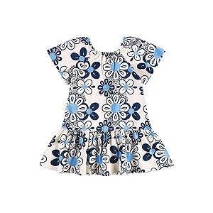 Vestido Manga Curta Cotton Floral Azul