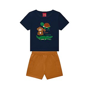 Conjunto Camiseta Meia Malha Azul Marinho e Bermuda Moletom
