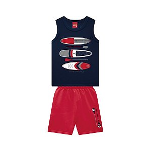 Conjunto Camiseta Regata Azul Marinho e Bermuda Vermelha