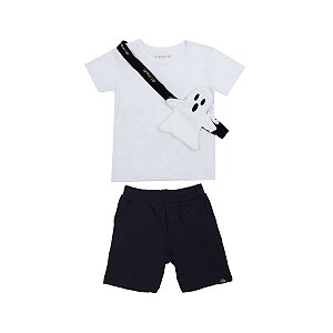 Conjunto Halloween Camiseta Malha e Shorts em Moletinho Branco