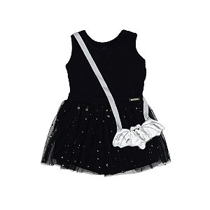 Conjunto Halloween Regata Malha e Shorts com Saia de Tule Brilho Preto