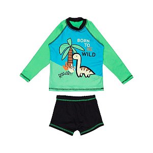 Conjunto Manga Longa Proteção UV Dino Verde