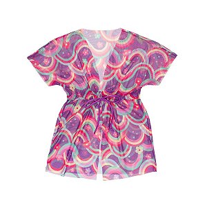 Vestido Saída de Praia Tule Estampado Arco Íris Roxo