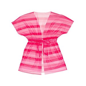 Vestido Saída de Praia Tule Estampado Listras Rosa