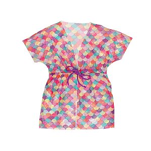 Vestido Saída de Praia Tule Estampado Sereia Rosa