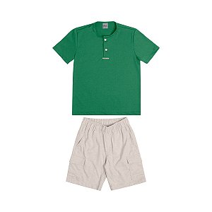 Conjunto Infantil Festa Camiseta Piquet e Bermuda Linho Verde