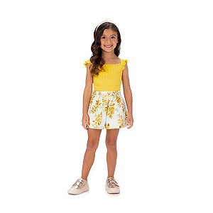 Conjunto Blusa Cropped Ribana e Short Cotton Amarelo