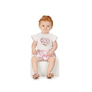 Conjunto Body com Short Cotton Coração Floral Off White