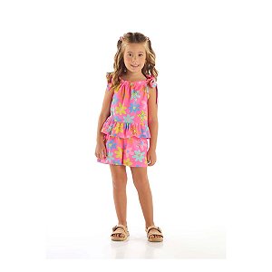 Conjunto Bata e Short Malha Floral Rosa