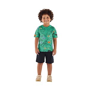 Conjunto Camiseta Malha e Bermuda Moletom Dino Verde