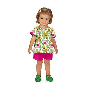 Conjunto Bata Malha Estampada e Short Moletinho Liso