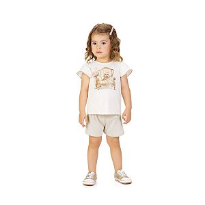 Conjunto Blusa Cotton e Short Malha Estampa Cachorro Off White