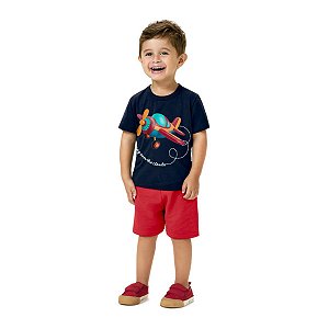 Conjunto Camiseta Malha e Bermuda Moletom Avião Azul Marinho