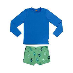 Conjunto Camiseta e Sunga em Malha Proteção UV Azul