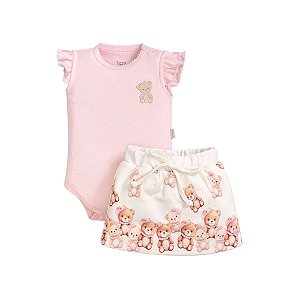 Conjunto Body e Short Saia Molecotton Ursinho Rosa