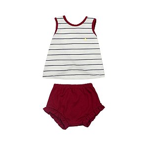 Conjunto Infantil Listrado com Laço e Coração – Branco e Vermelho