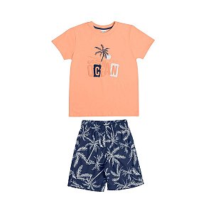 Conjunto Ocean Camiseta Malha e Bermuda Tactel Sublimado Laranja