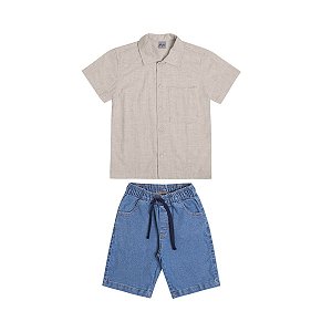 Conjunto Clean Camisa Tecido e Bermuda Jeans Bege