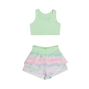 Conjunto Fit Shine Top Malha Proteção UV e Shorts Saia