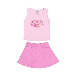 Conjunto Flowers Blusa Cotton e Saia com Shorts Embutido Rosa